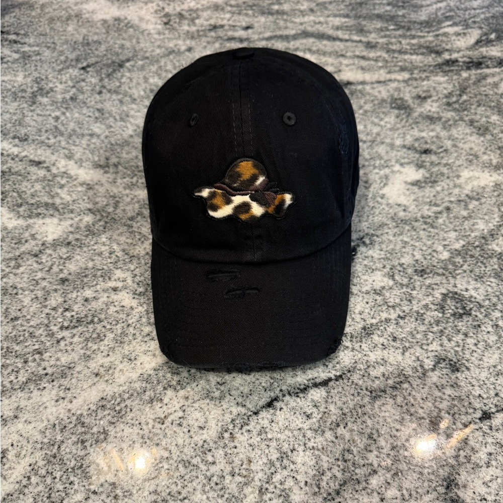 New Custom Designed Black Distressed Baseball Cap with Animal Print Hat.